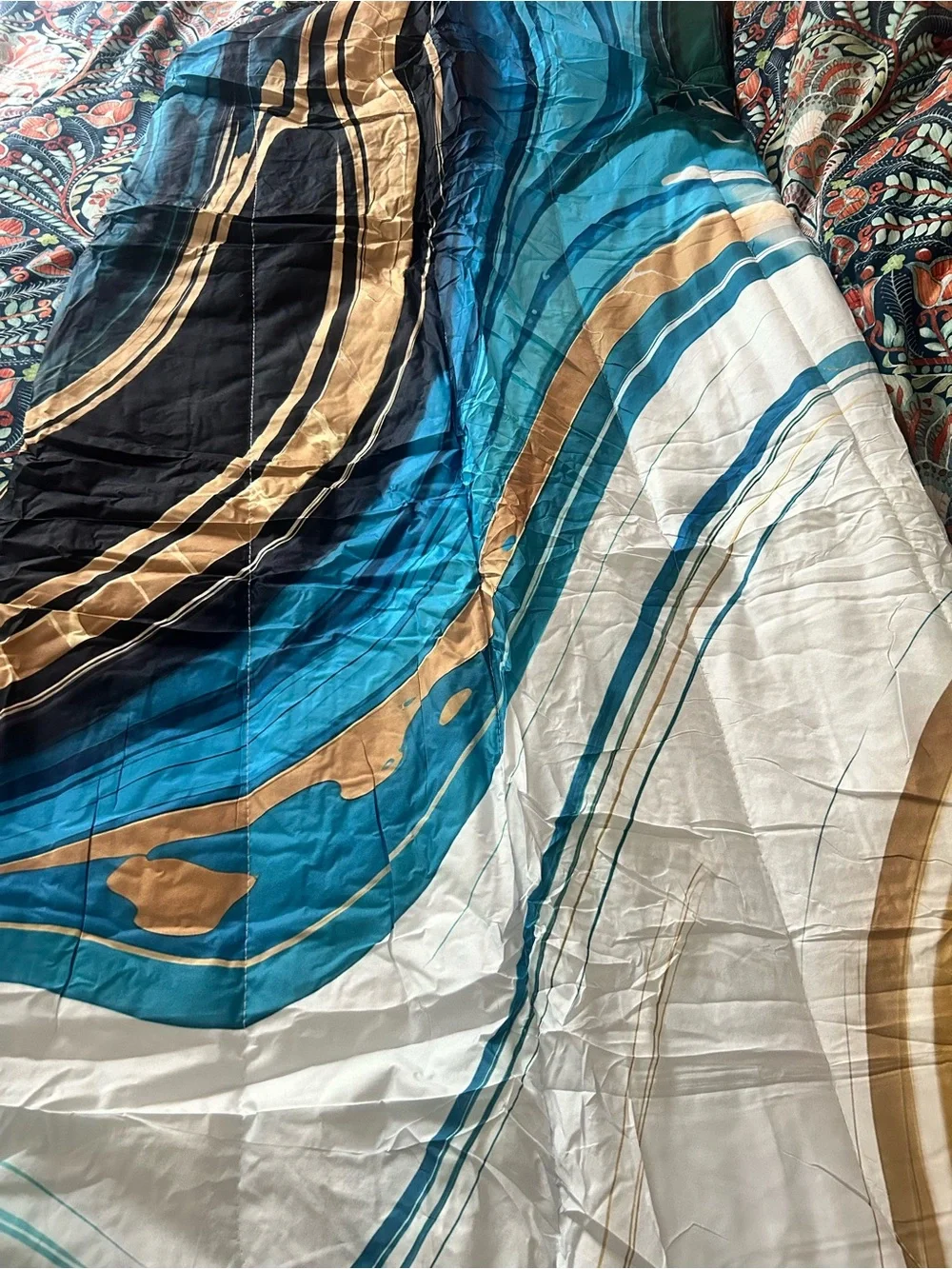 Twin size Modern Marble Wave Comforter Set in Teal, Gold & Black